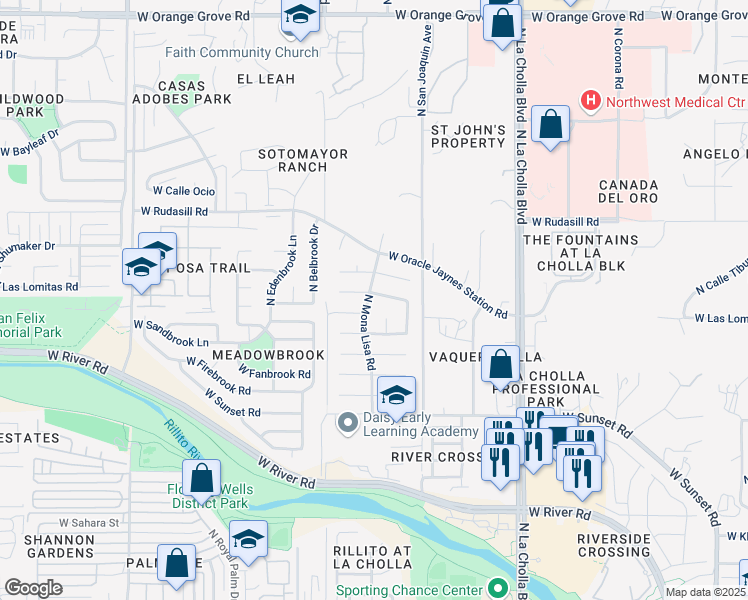 map of restaurants, bars, coffee shops, grocery stores, and more near 2370 West Ian Place in Tucson