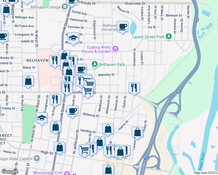 map of restaurants, bars, coffee shops, grocery stores, and more near 1101-1199 Carlisle St in Jackson