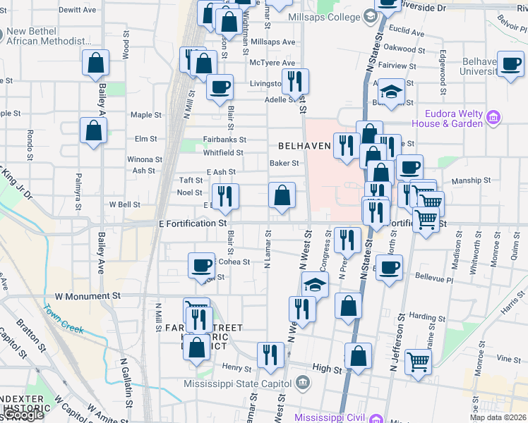 map of restaurants, bars, coffee shops, grocery stores, and more near 347 East Bell Street in Jackson
