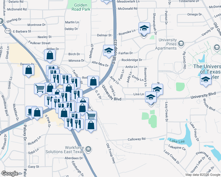 map of restaurants, bars, coffee shops, grocery stores, and more near 3231 Greg Lane in Tyler