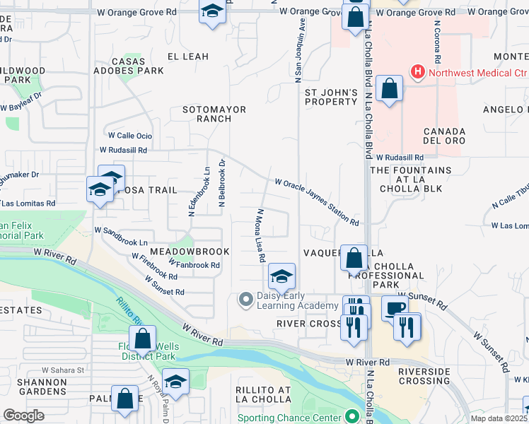 map of restaurants, bars, coffee shops, grocery stores, and more near 2370 West Ian Place in Tucson