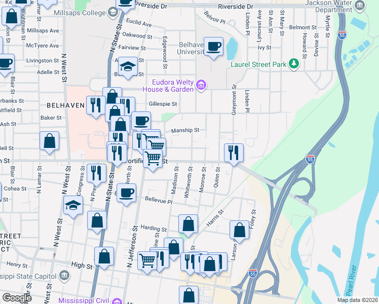 map of restaurants, bars, coffee shops, grocery stores, and more near 1101-1199 Carlisle St in Jackson