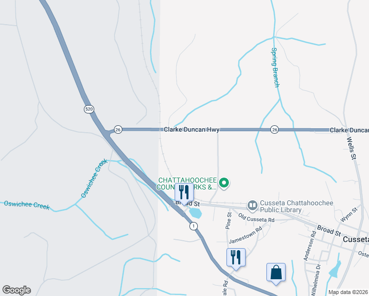 map of restaurants, bars, coffee shops, grocery stores, and more near 156 Georgia 26 in Cusseta