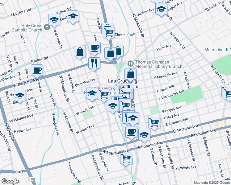 map of restaurants, bars, coffee shops, grocery stores, and more near 106 West Hadley Avenue in Las Cruces