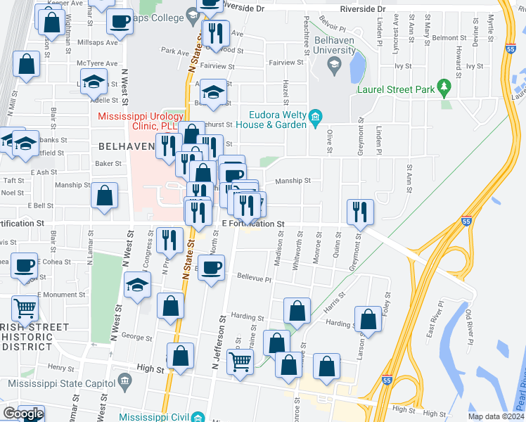 map of restaurants, bars, coffee shops, grocery stores, and more near 943 Carlisle Street in Jackson