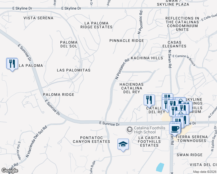 map of restaurants, bars, coffee shops, grocery stores, and more near 5843 North Pontatoc Road in Tucson