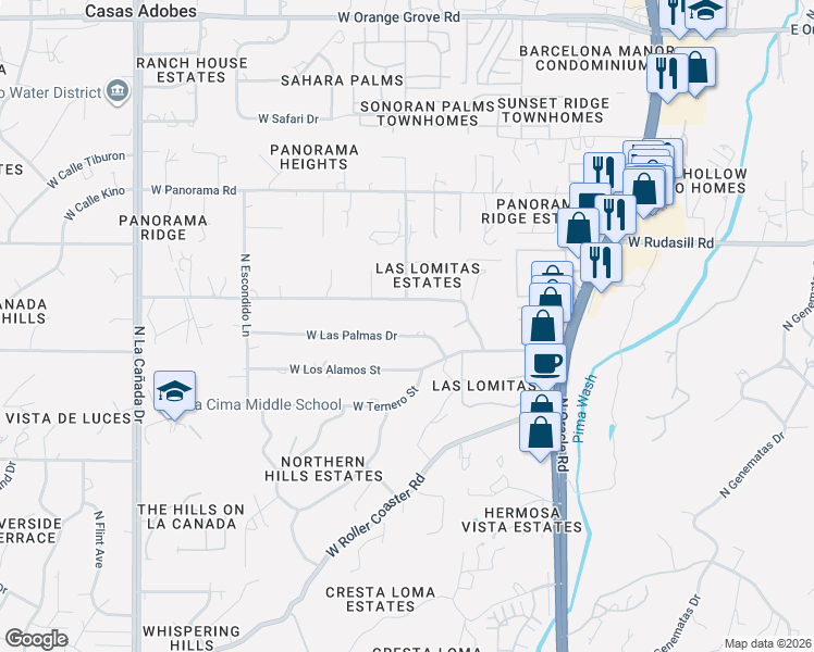 map of restaurants, bars, coffee shops, grocery stores, and more near 920 West Las Palmas Drive in Tucson
