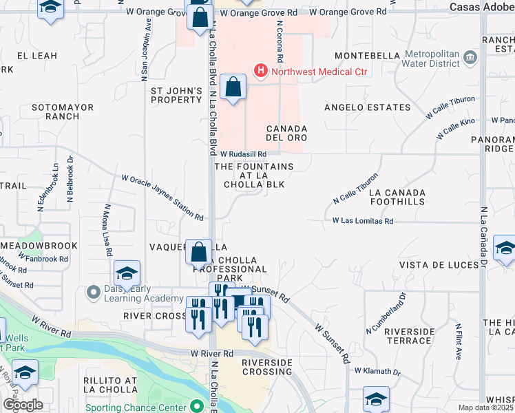 map of restaurants, bars, coffee shops, grocery stores, and more near Fountains Ave in Tucson