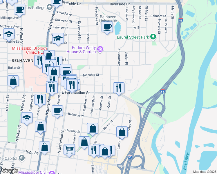 map of restaurants, bars, coffee shops, grocery stores, and more near 1127 Quinn Street in Jackson