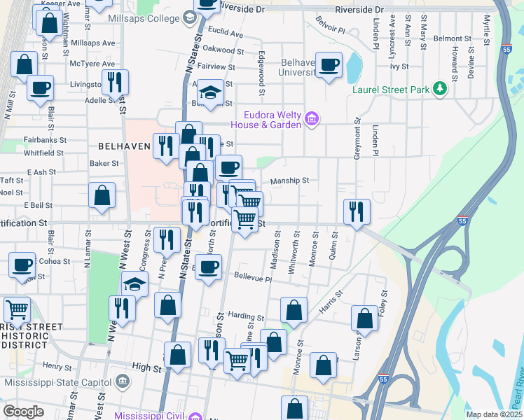 map of restaurants, bars, coffee shops, grocery stores, and more near 943 Carlisle Street in Jackson