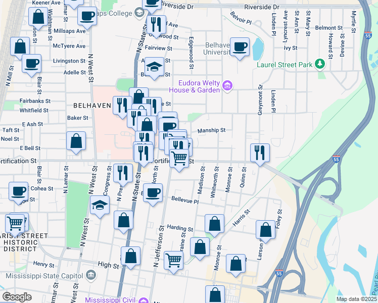 map of restaurants, bars, coffee shops, grocery stores, and more near 943 Carlisle Street in Jackson