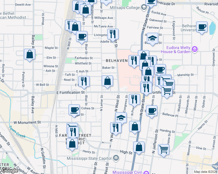 map of restaurants, bars, coffee shops, grocery stores, and more near 1113 Crestview Avenue in Jackson