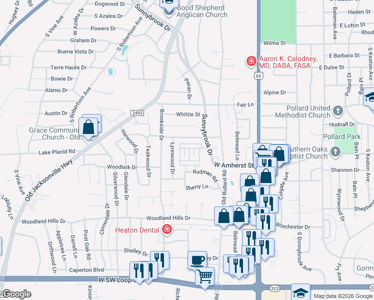 map of restaurants, bars, coffee shops, grocery stores, and more near 3302 Trafalar Square in Tyler