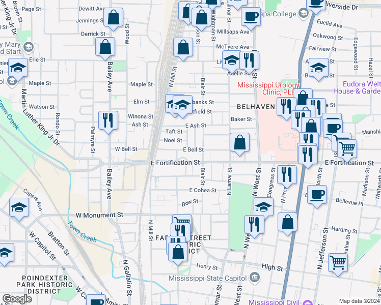 map of restaurants, bars, coffee shops, grocery stores, and more near 187 East Bell Street in Jackson