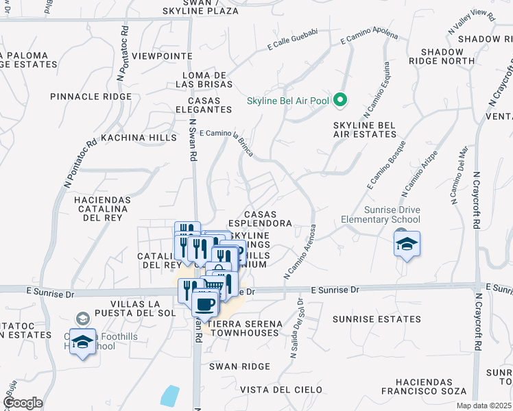 map of restaurants, bars, coffee shops, grocery stores, and more near 5820 North Camino Esplendora in Tucson