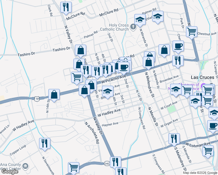 map of restaurants, bars, coffee shops, grocery stores, and more near 1102 Van Patten Avenue in Las Cruces