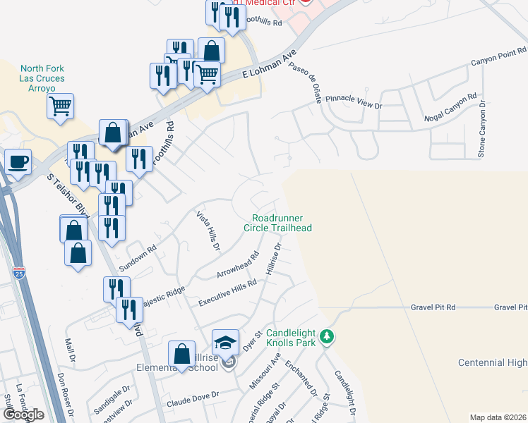 map of restaurants, bars, coffee shops, grocery stores, and more near 3350 Majestic Ridge in Las Cruces