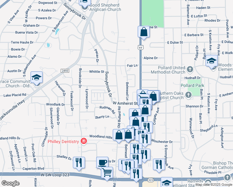 map of restaurants, bars, coffee shops, grocery stores, and more near 402 Greenway Cir in Tyler