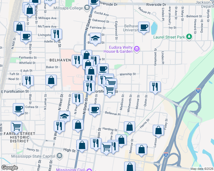 map of restaurants, bars, coffee shops, grocery stores, and more near 1020 North Jefferson Street in Jackson