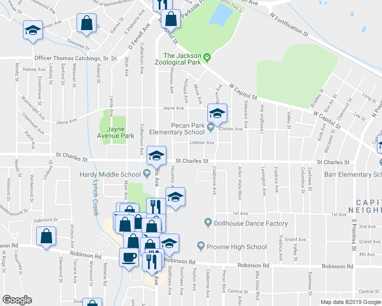 map of restaurants, bars, coffee shops, grocery stores, and more near 524 Fryant Avenue in Jackson