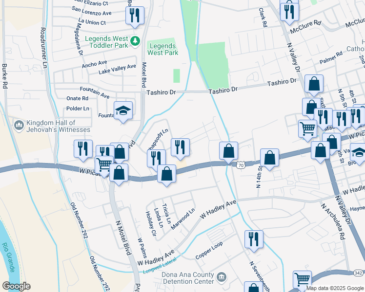 map of restaurants, bars, coffee shops, grocery stores, and more near 2595 Primavera Street in Las Cruces