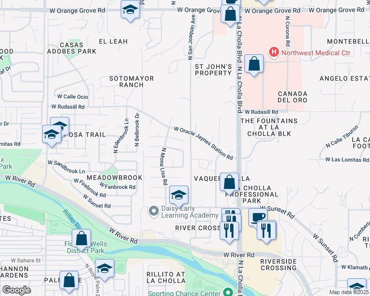 map of restaurants, bars, coffee shops, grocery stores, and more near 2300 West Ian Place in Tucson