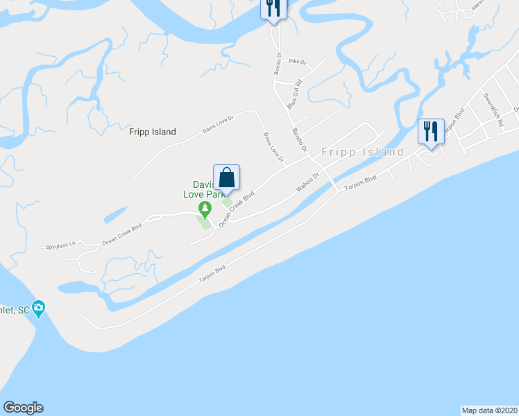 map of restaurants, bars, coffee shops, grocery stores, and more near 395 Wahoo Dr in Fripp Island