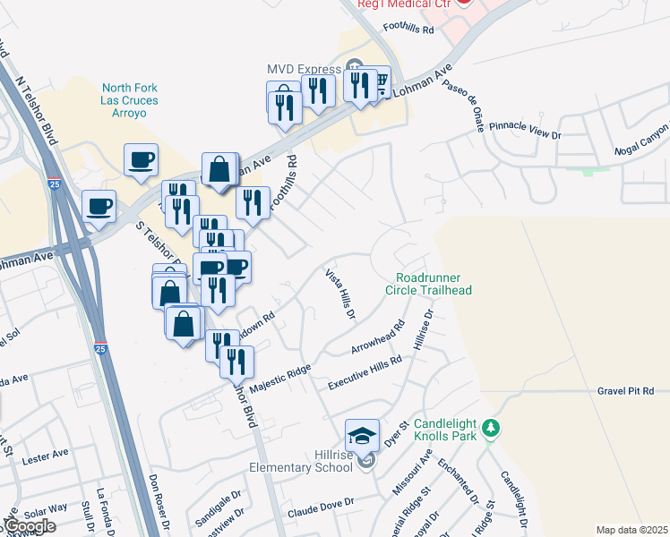 map of restaurants, bars, coffee shops, grocery stores, and more near 3125 Sundown Road in Las Cruces