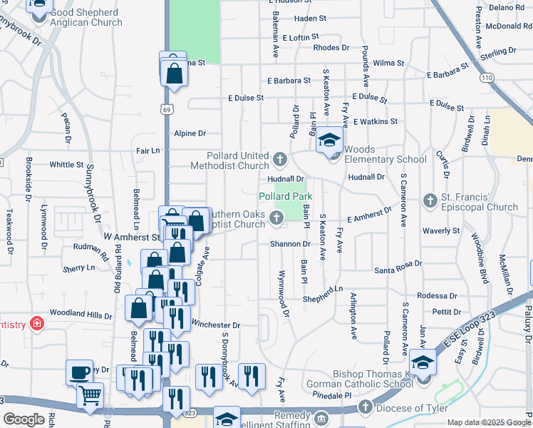 map of restaurants, bars, coffee shops, grocery stores, and more near 3200 New Copeland Road in Tyler