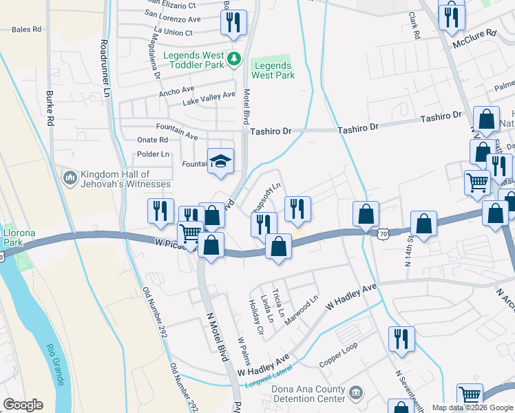 map of restaurants, bars, coffee shops, grocery stores, and more near 1016 Rhapsody Lane in Las Cruces