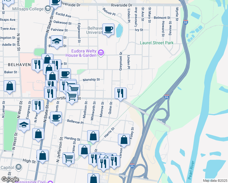 map of restaurants, bars, coffee shops, grocery stores, and more near 1125 Greymont Avenue in Jackson
