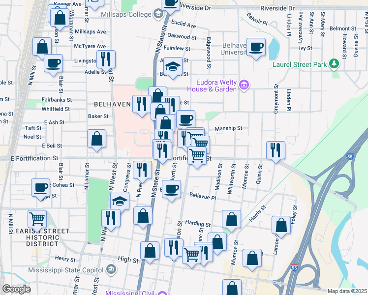 map of restaurants, bars, coffee shops, grocery stores, and more near 851 Carlisle Street in Jackson