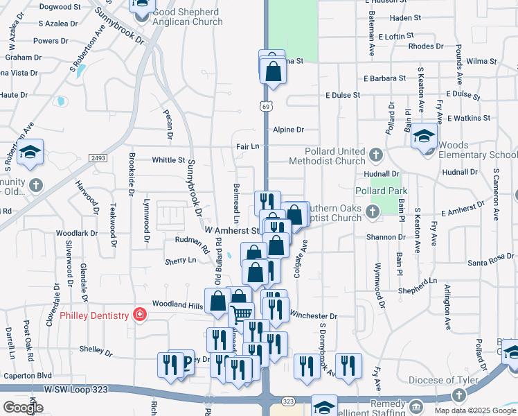 map of restaurants, bars, coffee shops, grocery stores, and more near 3301 South Broadway Avenue in Tyler