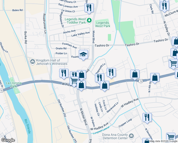 map of restaurants, bars, coffee shops, grocery stores, and more near 2404 Moon River Loop in Las Cruces