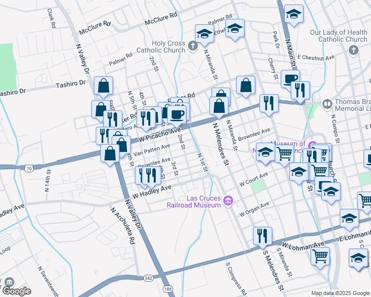 map of restaurants, bars, coffee shops, grocery stores, and more near 710 2nd Street in Las Cruces