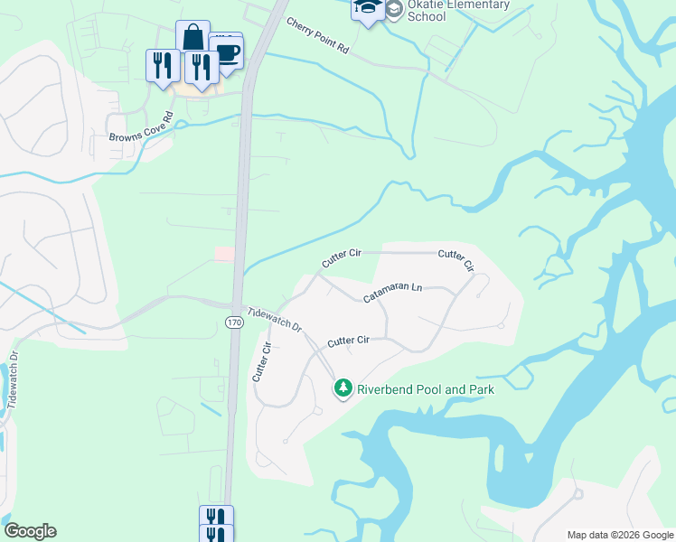 map of restaurants, bars, coffee shops, grocery stores, and more near 175 Cutter Circle in Bluffton