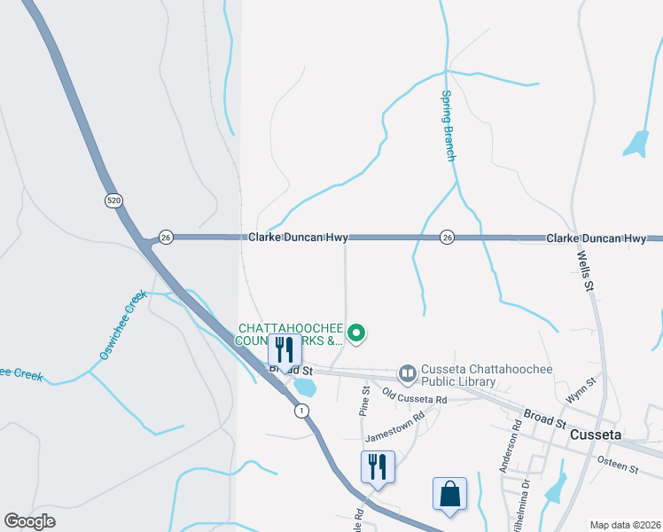 map of restaurants, bars, coffee shops, grocery stores, and more near 156 Georgia 26 in Cusseta