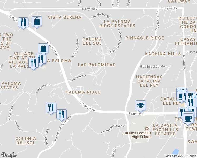map of restaurants, bars, coffee shops, grocery stores, and more near 5866 Bright Star Drive in Tucson