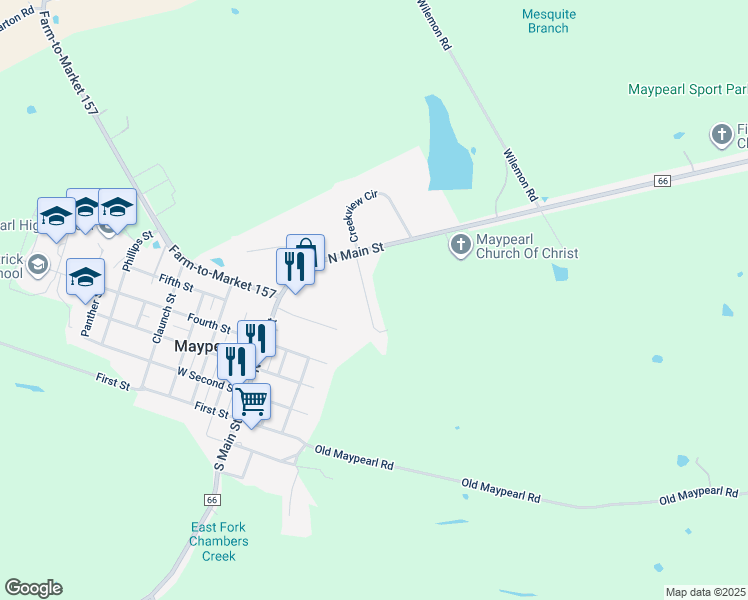 map of restaurants, bars, coffee shops, grocery stores, and more near 201 Chambers Creek Circle in Maypearl