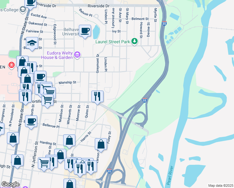 map of restaurants, bars, coffee shops, grocery stores, and more near 1111 Saint Ann Street in Jackson