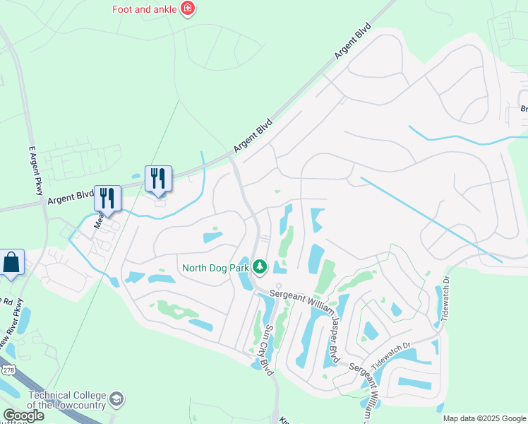 map of restaurants, bars, coffee shops, grocery stores, and more near 30 Fawnwood Court in Bluffton