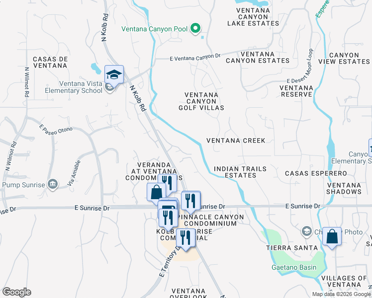 map of restaurants, bars, coffee shops, grocery stores, and more near 5800 North Kolb Road in Tucson