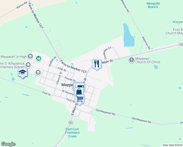 map of restaurants, bars, coffee shops, grocery stores, and more near 705 North Main Street in Maypearl