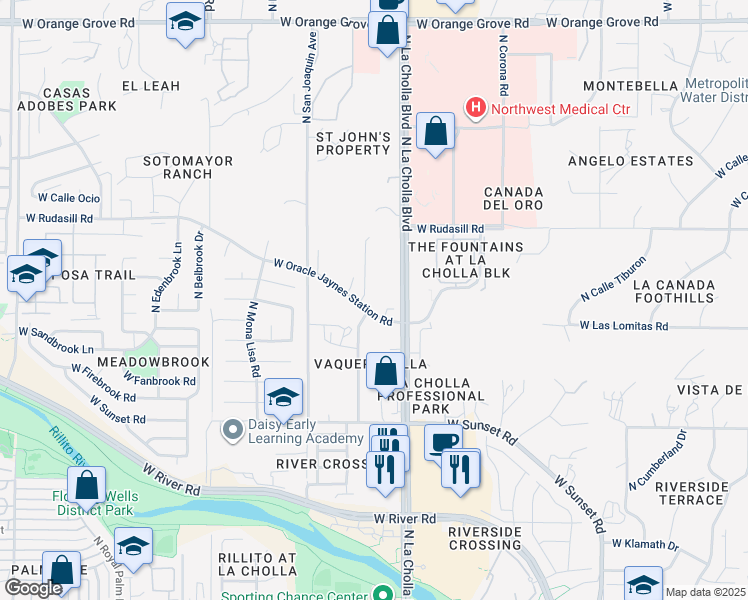 map of restaurants, bars, coffee shops, grocery stores, and more near 5820 Penumbra Court in Tucson