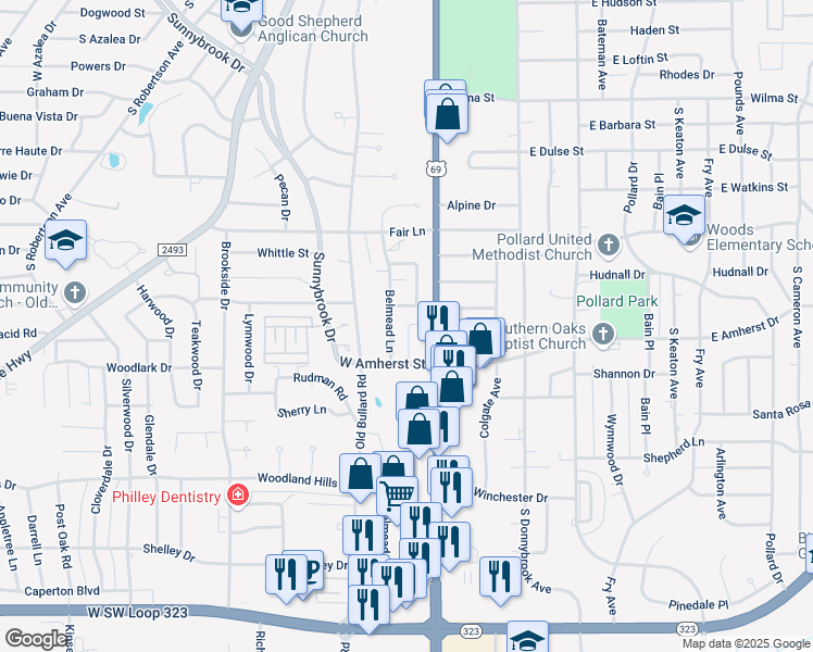 map of restaurants, bars, coffee shops, grocery stores, and more near 3301 South Broadway Avenue in Tyler