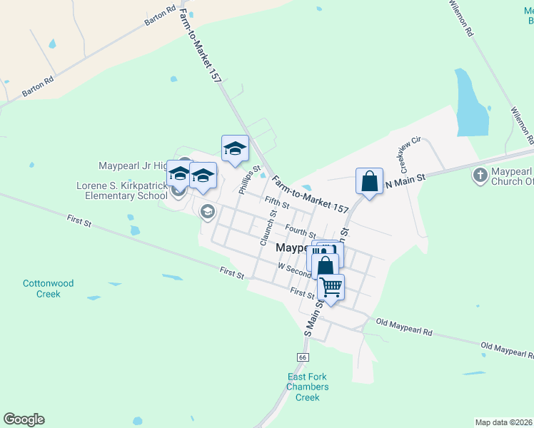 map of restaurants, bars, coffee shops, grocery stores, and more near 500 Claunch Street in Maypearl