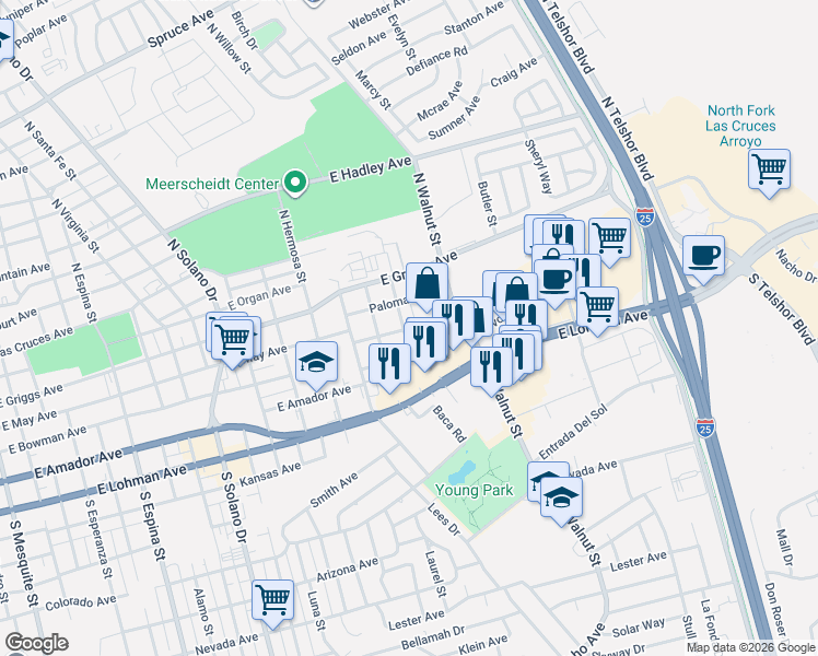 map of restaurants, bars, coffee shops, grocery stores, and more near 301 Cottonwood Street in Las Cruces