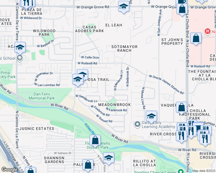 map of restaurants, bars, coffee shops, grocery stores, and more near 2661 West Edsbrook Place in Tucson
