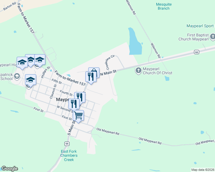 map of restaurants, bars, coffee shops, grocery stores, and more near 201 Chambers Creek Circle in Maypearl