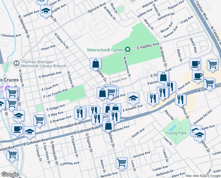 map of restaurants, bars, coffee shops, grocery stores, and more near 1604 East Griggs Avenue in Las Cruces